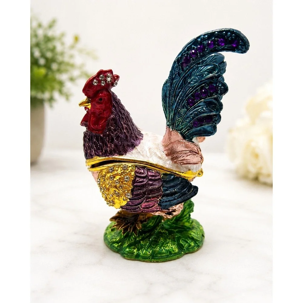 Leonardo Collection Hand Painted Enamel Rooster Trinket Box, Hinged Jewelry